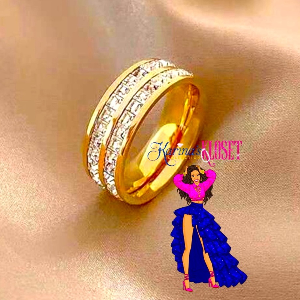 Gold Double Stacked Princess Eternity Band Ring 💕 Stainless Steel 💕